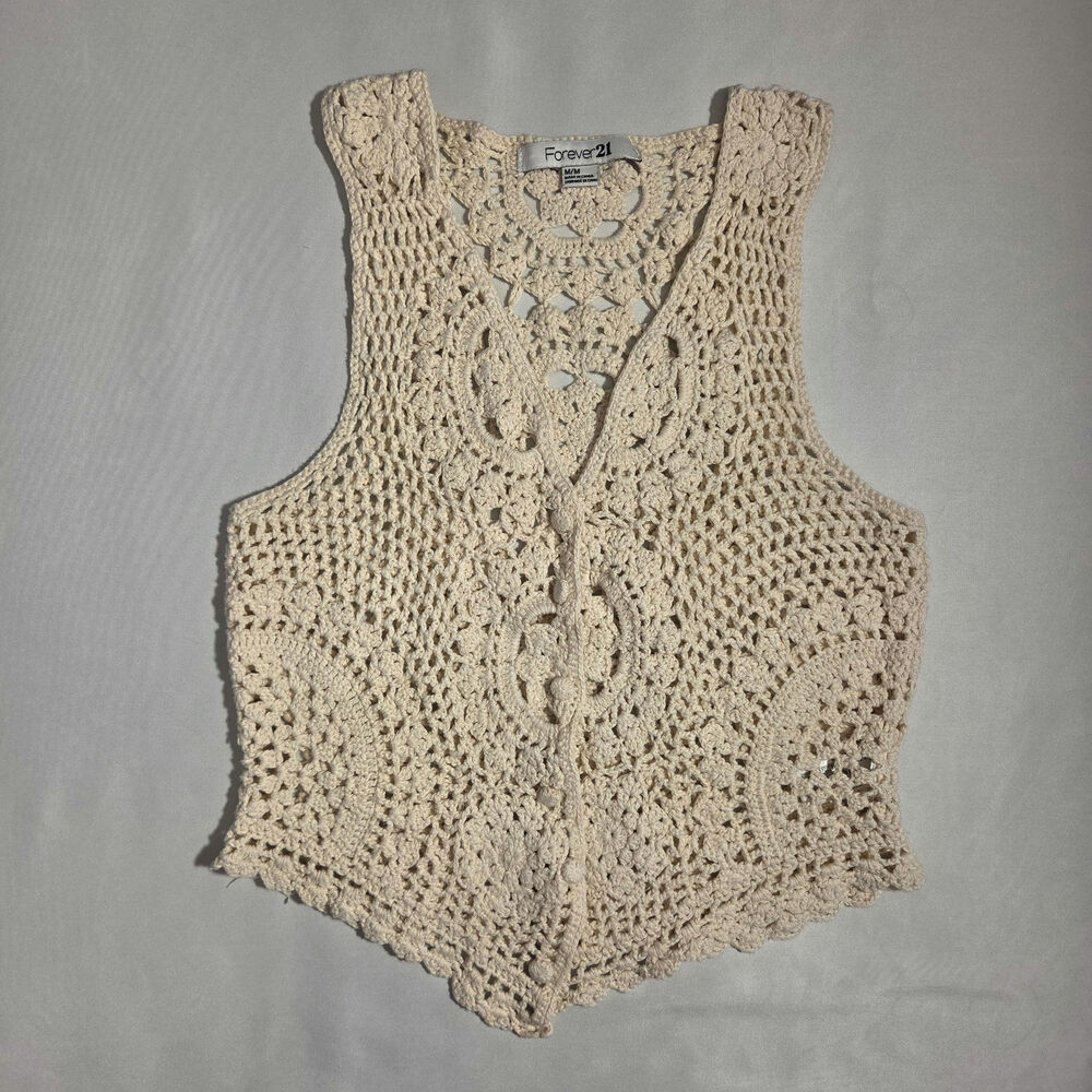 Forever 21 Cream Crochet Open Knit Button Front Vest Top Medium